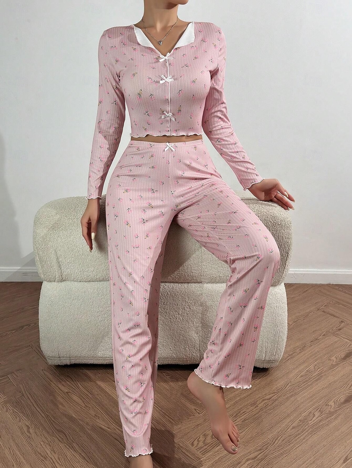 Damen Schlafanzug Set Lässig Komfort Blumen Elastischer Bund Hose Heim Täglich Langarm V Ausschnitt Blau Schwarz Weiß Rosa Frühling Herbst Normale Passform 2026 - $19.99 –P20