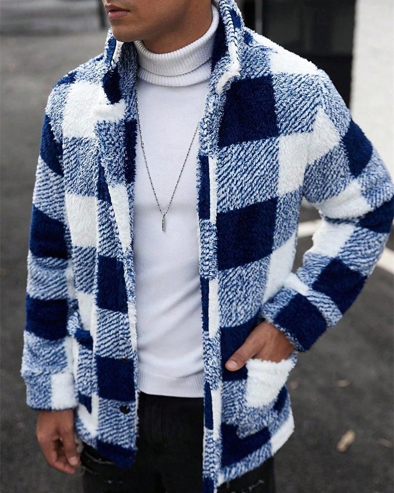 Муж. Толстовка Флисовая толстовка Флисовая жилетка Синий Хаки Воротник-стойка В клетку Карман Для занятий спортом Повседневные Праздники Полиэстер Уличный стиль Классический На каждый день Осень Зима 2026 - $50.99 –P9