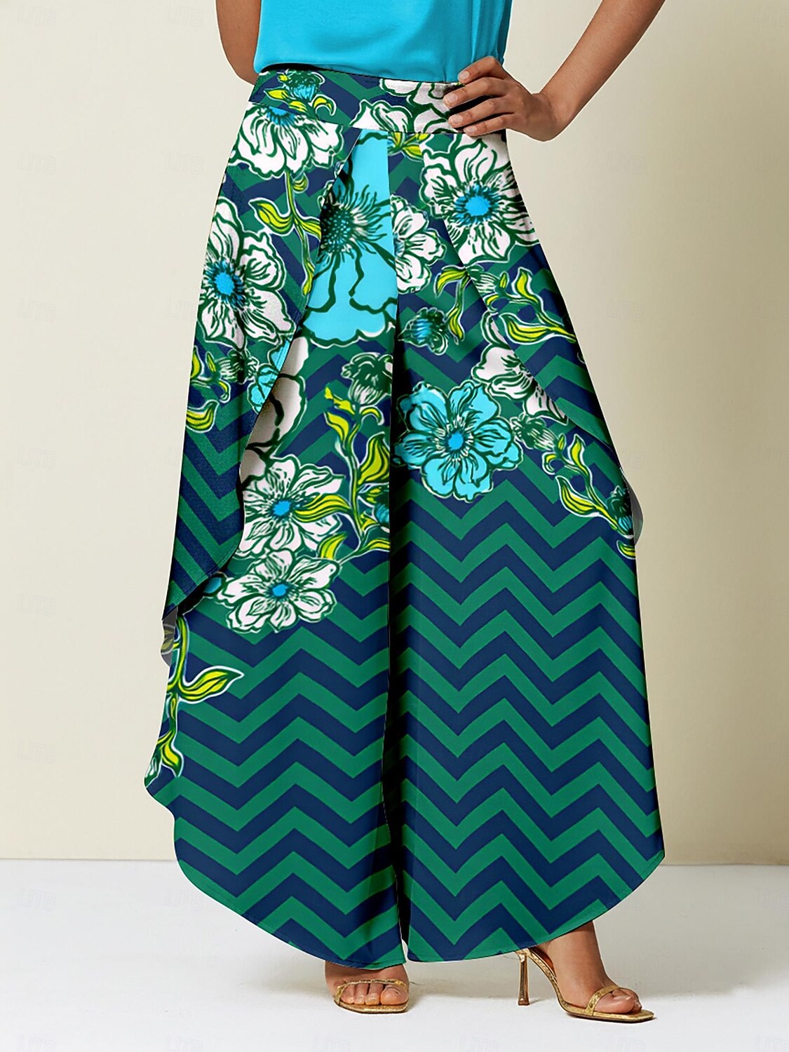 بنطلون واسع الساق من الساتان بطبعة زهور هندسية، مناسب للعطلات غير الرسمية 2025 - $82.99 –P4