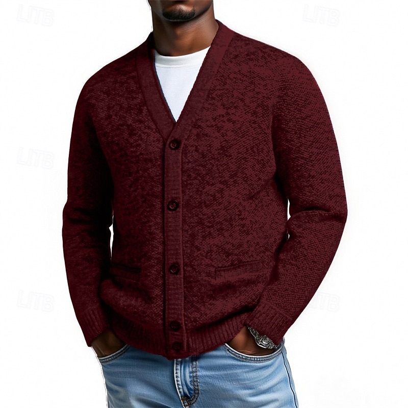 Hombre Pulóveres Chaqueta de Punto Cárdigan Estriado Tejer Tops regulares Botones Plano Escote en Pico Moda Ropa de calle Vacaciones Casual Ropa Otoño Invierno Burdeos Azul S M L 2026 - $23.99 –P1