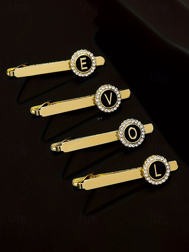 Комплект из мужского зажима для галстука, запонок и булавки для лацкана из сплава – элегантный черно-золотой дизайн с кристаллами, персонализированный 26 инициалами, идеальный подарок для официальных мероприятий и делового дресс-кода 2026 - $11.99 –P6