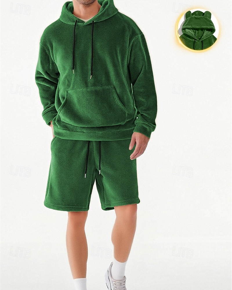 Men's Hoodie Tracksuit Hoodie & Shorts Set Hoodie Outdoor Vacation Daily Drawstring Plain Black Green Grey Activewear Sports Fashion Fall 2026 - $49.99 –P16