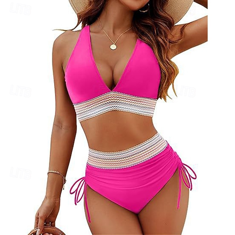 Dames Gerimpeld badpak Bikini-sets Zwemkleding Effen Zwemkleding Licht Blauw Zwart Ademend Mouwloos - Surfen Strand Zwemmen Zomer 2026 - $18.99 –P4