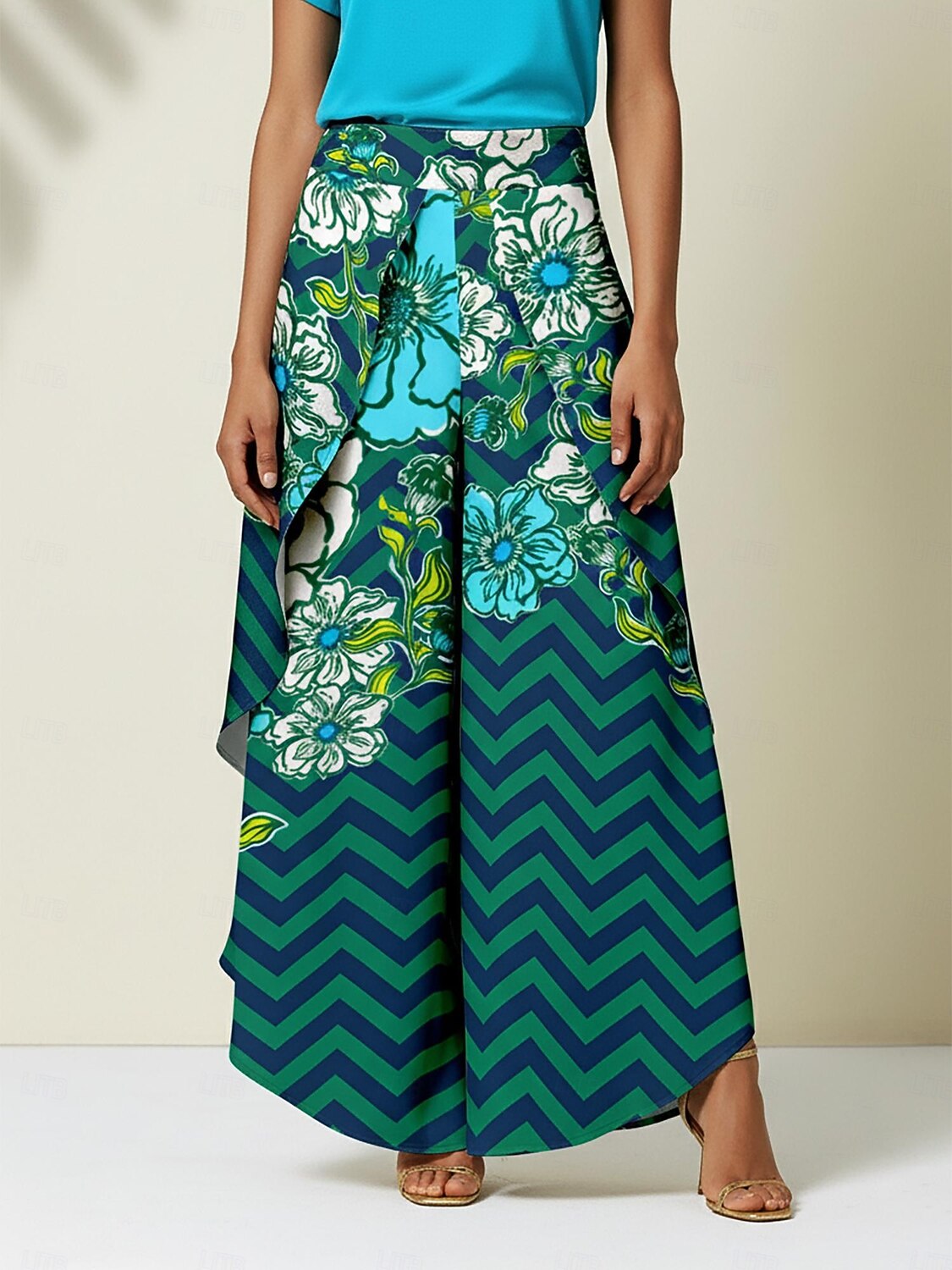 بنطلون واسع الساق من الساتان بطبعة زهور هندسية، مناسب للعطلات غير الرسمية 2025 - $82.99 –P3