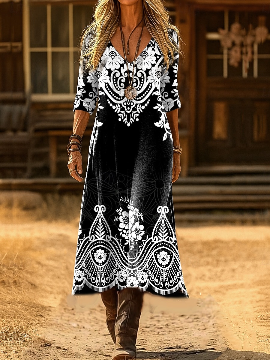 Women's Maxi Dress Boho Sheath Dress Party Casual  Daily Date Going out Loose Fit Floral Graphic Paisley Long Sleeve V Neck Black Red Purple Orange Spring Fall Winter 2026 - $41.99 –P4