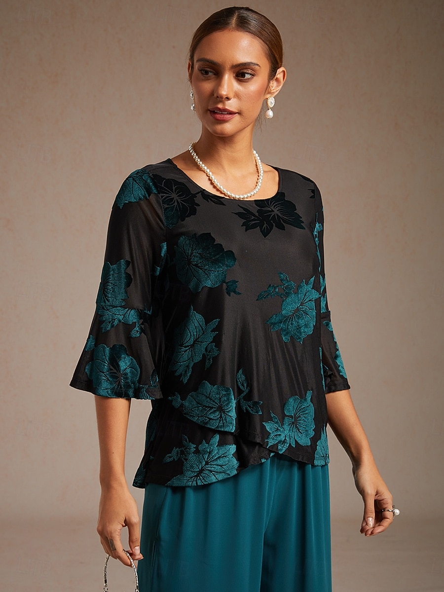 Bluze elegante din catifea pentru femei, cu mâneci fluturate, guler rotund, pentru invitați de nuntă, verde, pentru zi, primăvară, toamnă, iarnă, vară 2025 - $58.99 –P1