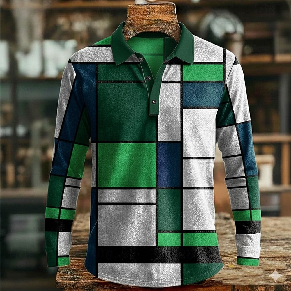 Men's Color Block Geometic Polo Long Sleeve Polo Shirts Lapel Casual Outdoor Athleisure Daily Wear 3D Print Buttons Spring Fall Winter Blue Red Green 2026 - $22.99 –P3