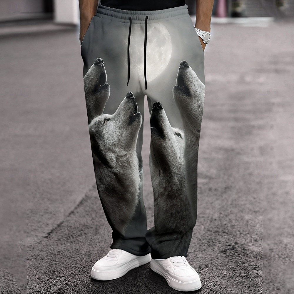 2026年 男性用 動物 オオカミ 月光 スウェットパンツ ズボン カジュアルパンツ ミディアムウエスト ヴィンテージレトロ アウトドア ハンティング いい結果 伸縮性のあるドローストリングウエスト ポケット付きストレートレッグパンツ 春 秋 3Dプリント ブルー グレー  コレクション – $24.99 –P1