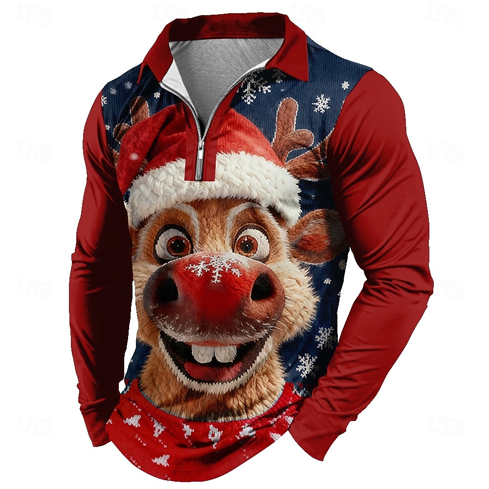 Christmas Miesten Hirvi 3D sarjakuva Polo Pitkähihainen Poolopaidat Kauluskäänne Vapaa-aika Arki-asut Festivaalin asu 3D-tulostus Quarter Zip Polo Kevät Syksy Talvi Sininen Musta Rubiini 2026 - $23.99 –P1