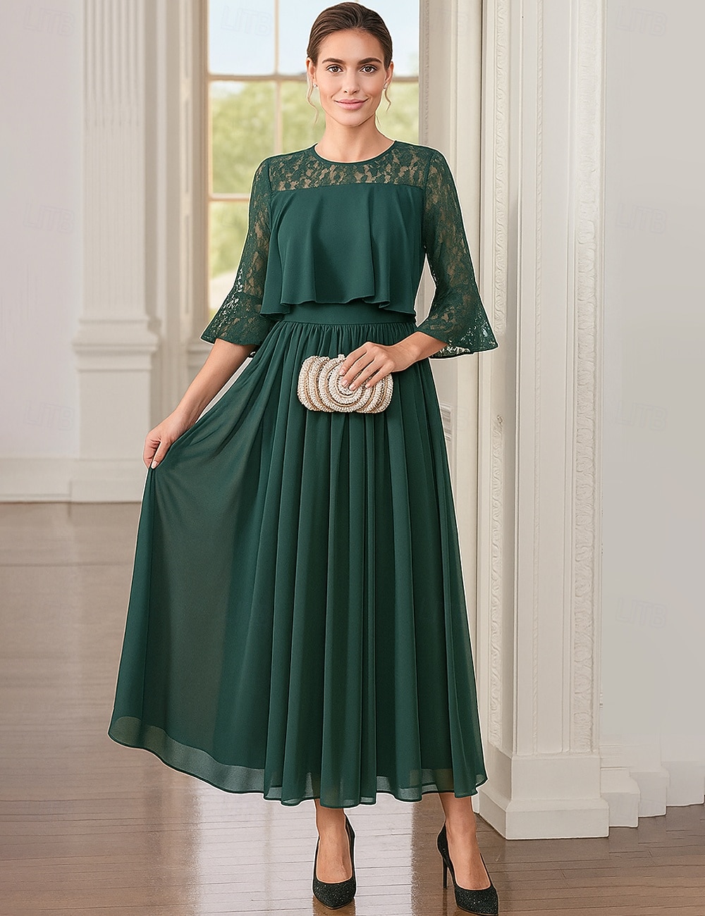 Vestido de Fiesta en Línea A de Longitud de Té Ankle Length Vestido de Cóctel Vestido de Invitada de Boda Vestido de Madre de la Novia de Manga Larga Cuello Redondo Fiesta Elegante Vintage con 2026 - $91.99 –P1