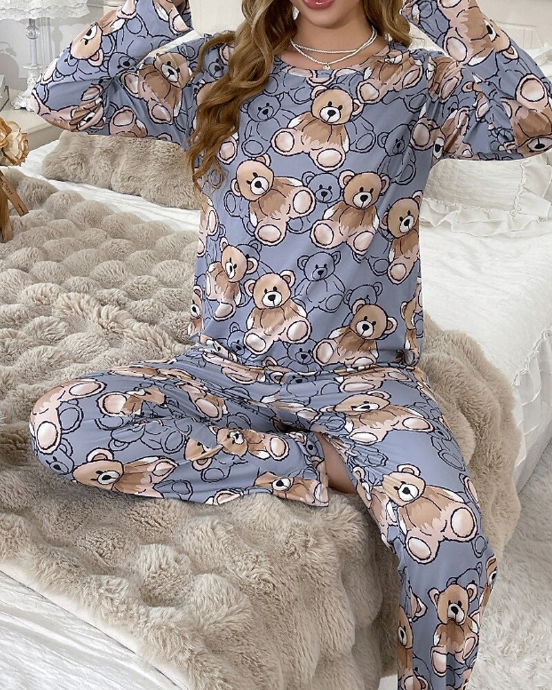 Dame Pyjamas lounge Pyjamas Sett Fritid Tegneserie Elastisk midje Bukse Hjem Seng Langermet Crew-hals Blå Vår Høst Løstsittende 2025 - $23.99 –P4