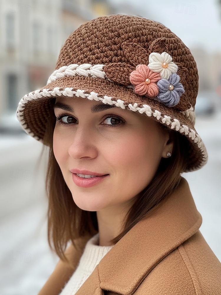 Damska czapka beanie z dzianiny – miękki wełniany materiał, wiele kolorów, zdobienie w postaci kwiatów 3D, podszewka z polaru zapewniająca ciepło, idealna na święta Bożego Narodzenia i zimowe aktywności na świeżym powietrzu 2026 - $18.99 –P3