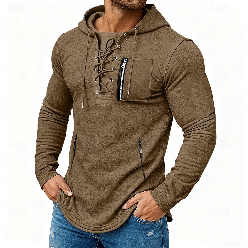 Herren T Shirt T-Shirt Langarmshirt Langarm Mit Kapuze Frühling & Herbst Ganzjahres Einfarbig Mode Designer Basic Schnürung Reißverschlusstasche Urlaub Straße Lässig Dunkelgrau Schwarz Koffee Top 2026 - $22.99 –P4