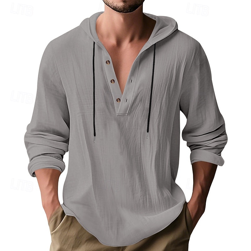 Men's Shirt Popover Shirt Summer Shirt Casual Shirt Beach Shirt Black White Yellow Navy Blue khaki Long Sleeve Solid Color Hooded Vacation Casual Drawstring Clothing Apparel Fashion Casual Comfortable 2026 - $28.99 –P4