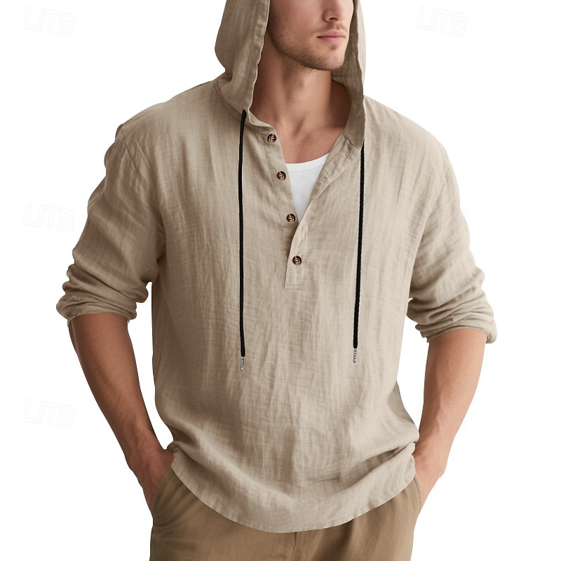 Men's Shirt Popover Shirt Summer Shirt Casual Shirt Beach Shirt Black White Yellow Navy Blue khaki Long Sleeve Solid Color Hooded Vacation Casual Drawstring Clothing Apparel Fashion Casual Comfortable 2026 - $28.99 –P20