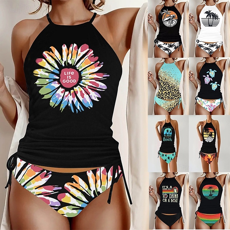 Kvinners Tankini 2 Delt Badedrakt Rynket Truser Magekontroll Høyt Liv Slank Ryggløs Ferie Strandtøy Blomster Grafisk U-Hals Ermeløse Badedrakter 2026 - $26.99 –P1