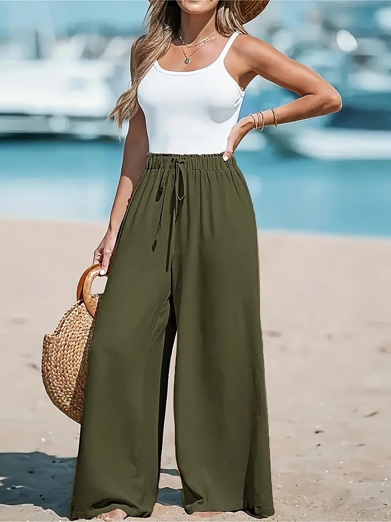 Damen Hose Sommerhose Baggy-Hosen Urlaub Mode Basic Volle Länge Hohe Taille Kordelzug Elastischer Bund Weites Bein Komfort Leicht Weich Unelastisch Strand Straße Lässig Hellgelb Schwarz Rosa Leicht 2026 - $22.99 –P7