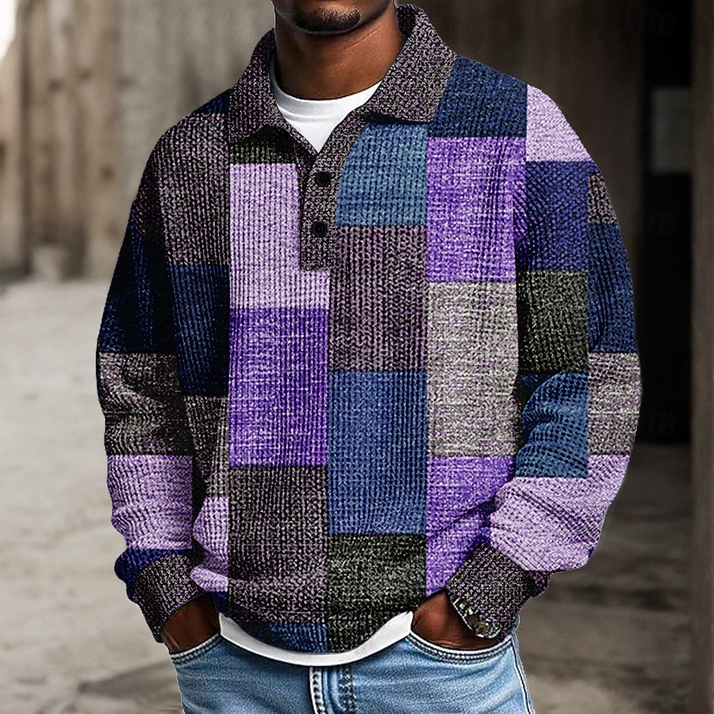 Per uomo Blocco di colori Polo Testurizzato Manica Lunga Magliette polo Bavero Casual Scuola Athleisure Abbigliamento quotidiano Stampa 3D Primavera Autunno Inverno Blu Rosso Viola del 2026 a $28.99 –P4