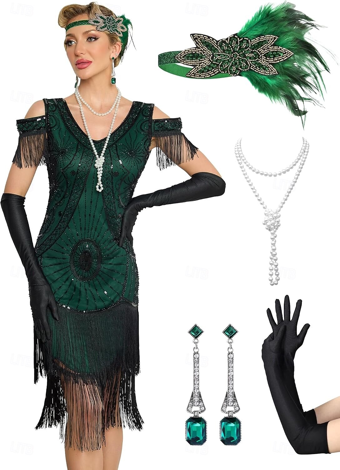 Conjunto Rugido 20s 1920s Hasta la Rodilla Vestidos Vestido Flapper Accesorios con accesorios Hombro frío Mangas cortas El gran Gatsby charlestón Lentejuelas Borlas Pluma Escote en Pico Disfraz Mujer 2026 - $89.99 –P3