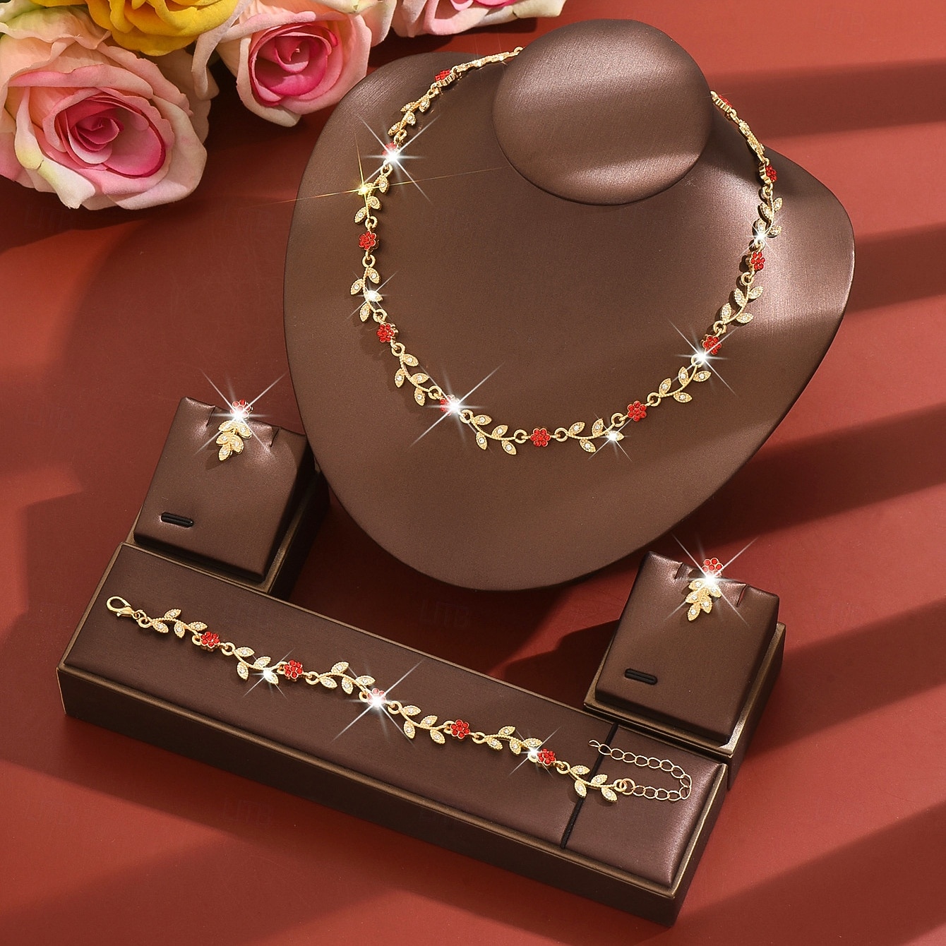 kvinners gullblad &rødt krystallsmykkesett - delikat halskjede, dråpeøreringer &matchende armbånd, romantisk blomstertilbehør til fester, bryllup &spesielle arrangementer 2026 - $19.99 –P7