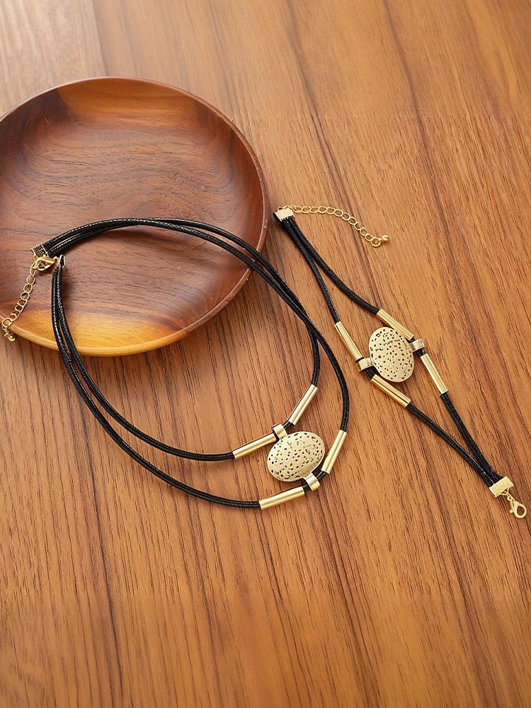 Women's Bohemian Leather and Metal Statement Necklace & Bracelet Set, Adjustable, Available in Gold and Silver – Perfect for Casual and Evening Wear 2026 - $11.99 –P3