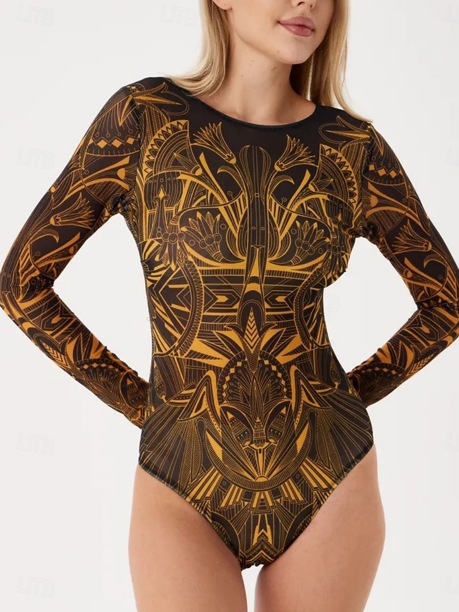 Dámský jednodelný plavkový úbor zeštíhlující sexy výřez Boho monokiny kontrola břicha vysoký pas štíhlé bez zad dovolená módní grafický geometrický kulatý výstřih dlouhý rukáv bez rukávů 2026 - $33.99 –P10