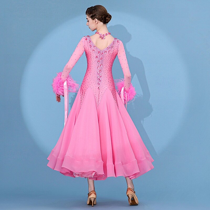 Balli da Sala Vestito Pieghe Giunzione Cristalli / Strass Per donna Performance Allenamento Manica Lunga Alto Spandex Chiffon Rete del 2026 a $950.09 –P5