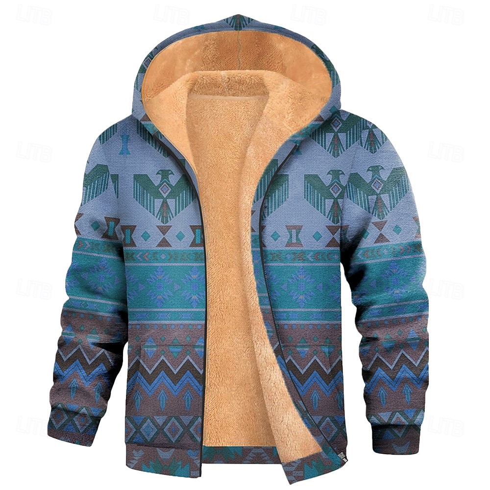 Herren Stammes Fleece Kapuzensweatshirt Jacke Pullover Ethnisch Klassisch Vintage-Retro Rundhalsausschnitt Outdoor Camping Blau Braun Reißverschluss Herbst Winter Designer S M L XL 2XL 3XL 2026 - $41.99 –P2