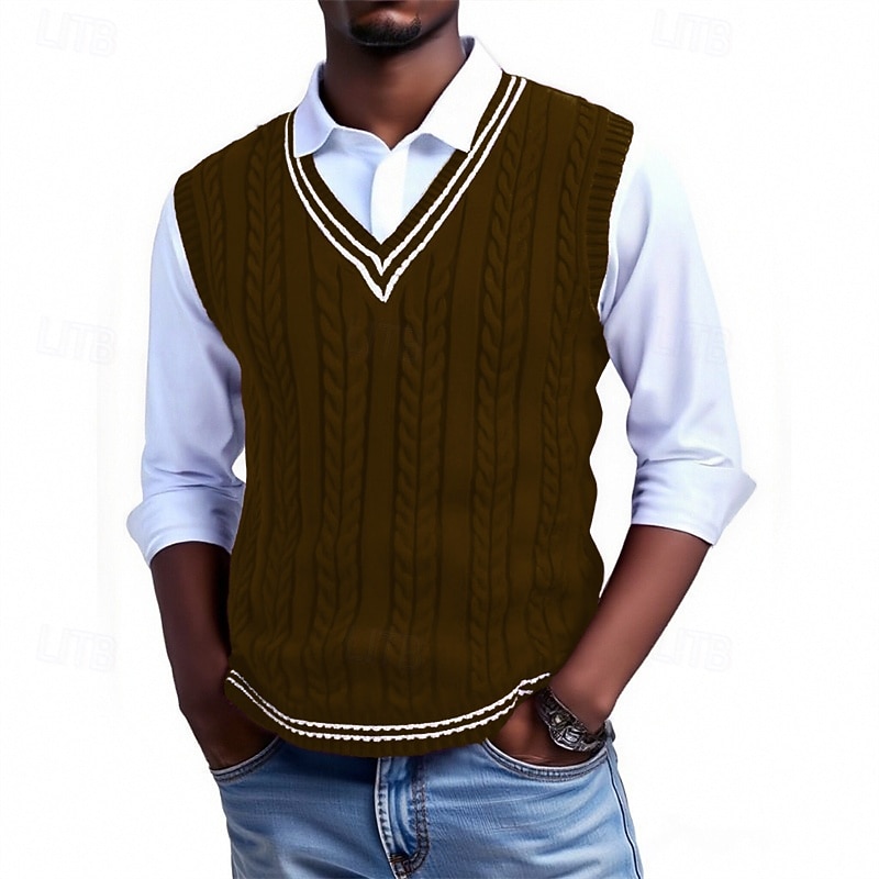 Per uomo Gilet Maglione elegante Maglione Maglione a maglia A Coste Maglia Top Regolari Lavorato a maglia A righe Scollo a V Moda Casual Vacanza Abbigliamento quotidiano Abbigliamento Senza maniche del 2026 a $26.99 –P5