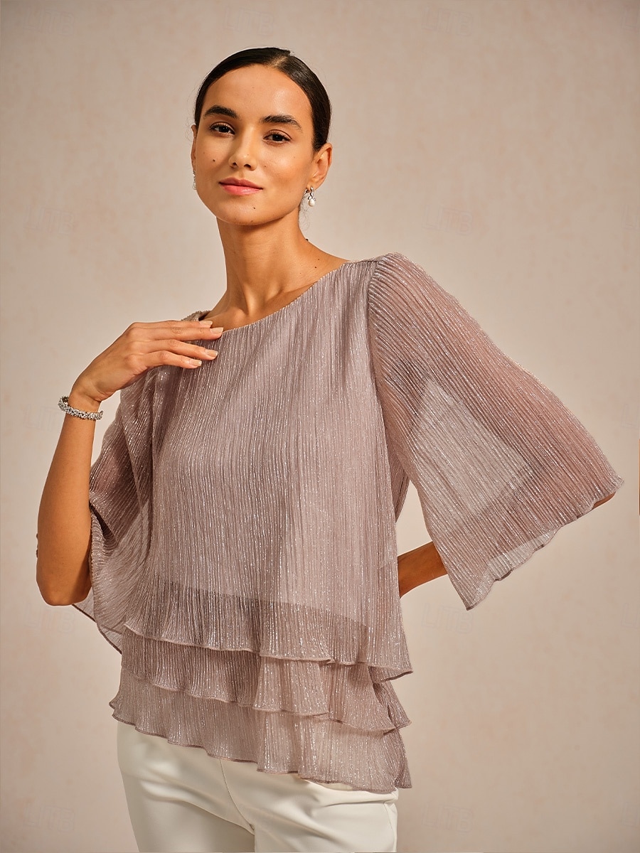 Dames Blouse Chiffon-topjes Kanten topjes Met ruches Schitteren Effen Kleur Elegant 3/4 mouw Strakke ronde hals Bruiloft gast Feestdagen Blozend Roze Zomer Lente Herfst 2026 - $59.99 –P1