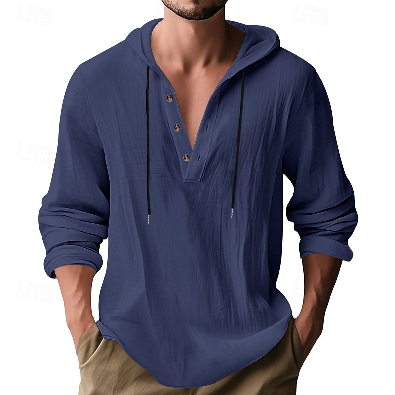 Men's Shirt Popover Shirt Summer Shirt Casual Shirt Beach Shirt Black White Yellow Navy Blue khaki Long Sleeve Solid Color Hooded Vacation Casual Drawstring Clothing Apparel Fashion Casual Comfortable 2026 - $28.99 –P8
