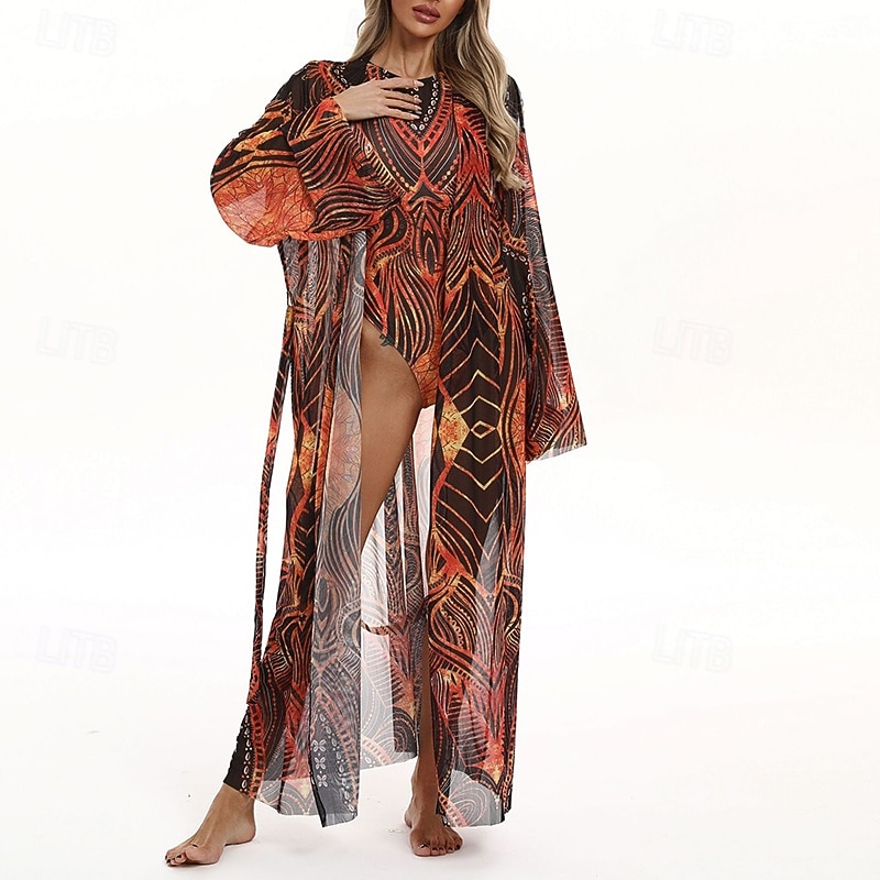 Dámské Plážové zahalovací šaty Dlouhé splývavé kimono kardigany Grafika Cikánský Krátká noha Šifón Ochrana proti UV záření Prodyšné Dlouhý rukáv Plavky Surfování Plážové prázdniny Léto 2026 - $31.99 –P3