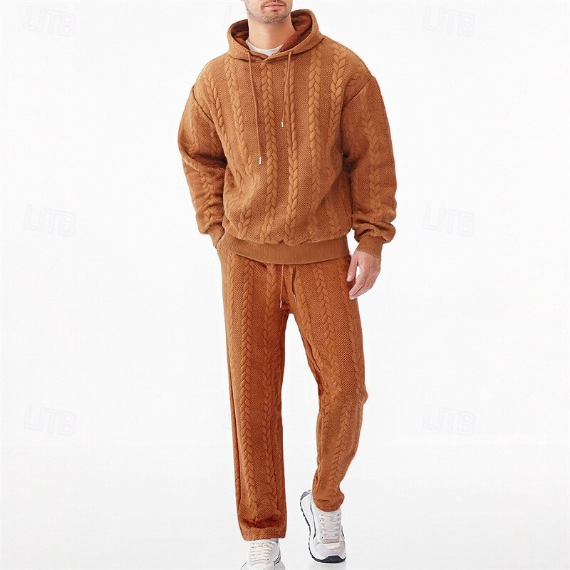 Men's Hoodie Tracksuit Hoodie & Pants Outfit Set Hoodies Set Hoodie Outdoor Daily Sports Jacquard Drawstring Pocket Plain Black Orange Khaki Polyester Activewear Fashion Streetwear Spring 2026 - $53.99 –P1