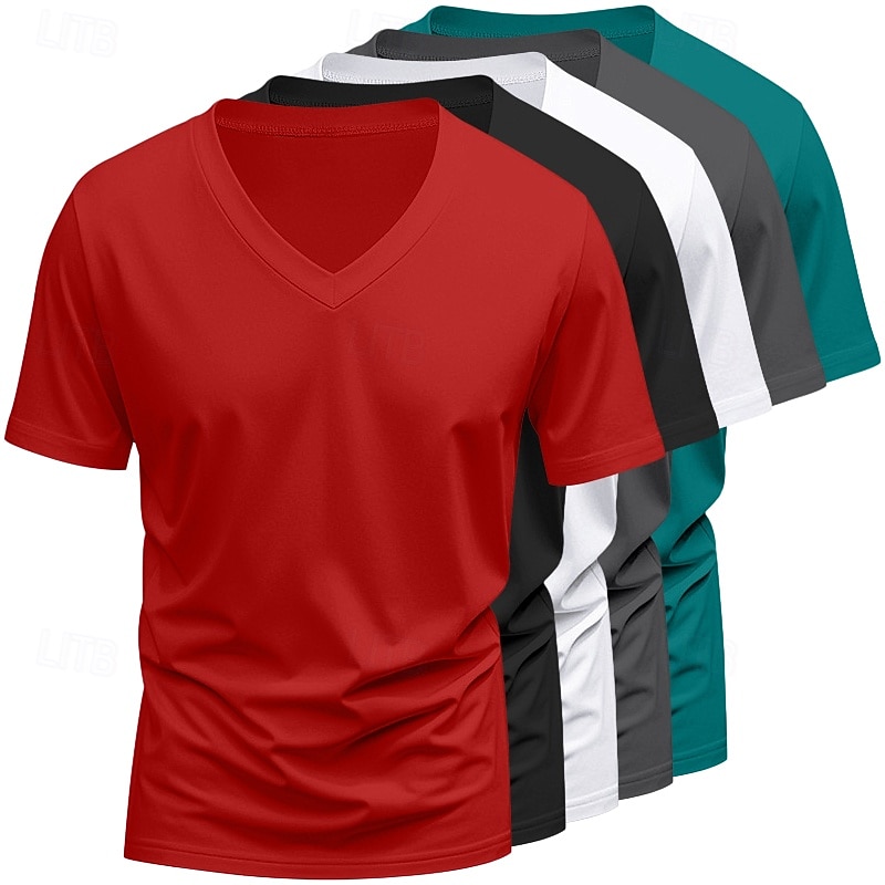 5-częściowy męski T-shirt z krótkim rękawem, dekolt w serek, letni, na każdą porę roku, jednolity kolor, prosty, codzienny, 5-częściowy zestaw, wakacyjny, casualowy, biały, top, męski 2026 - $59.99 –P8