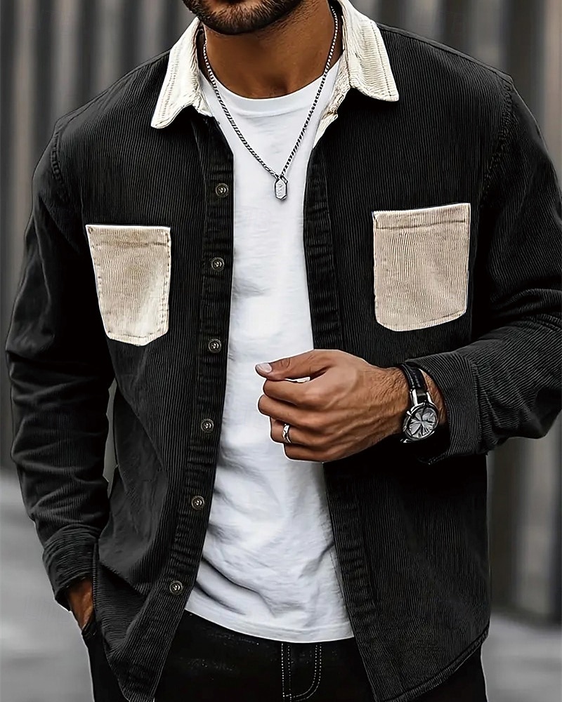 Per uomo Camicia Camicia casual Camicia di Velluto a Coste Camicia con Bottoni Blu Nero Verde militare Grigio Manica Lunga Blocco di colori Collo ripiegato Vacanza Casuale Tasche Multiple del 2026 a $25.99 –P4