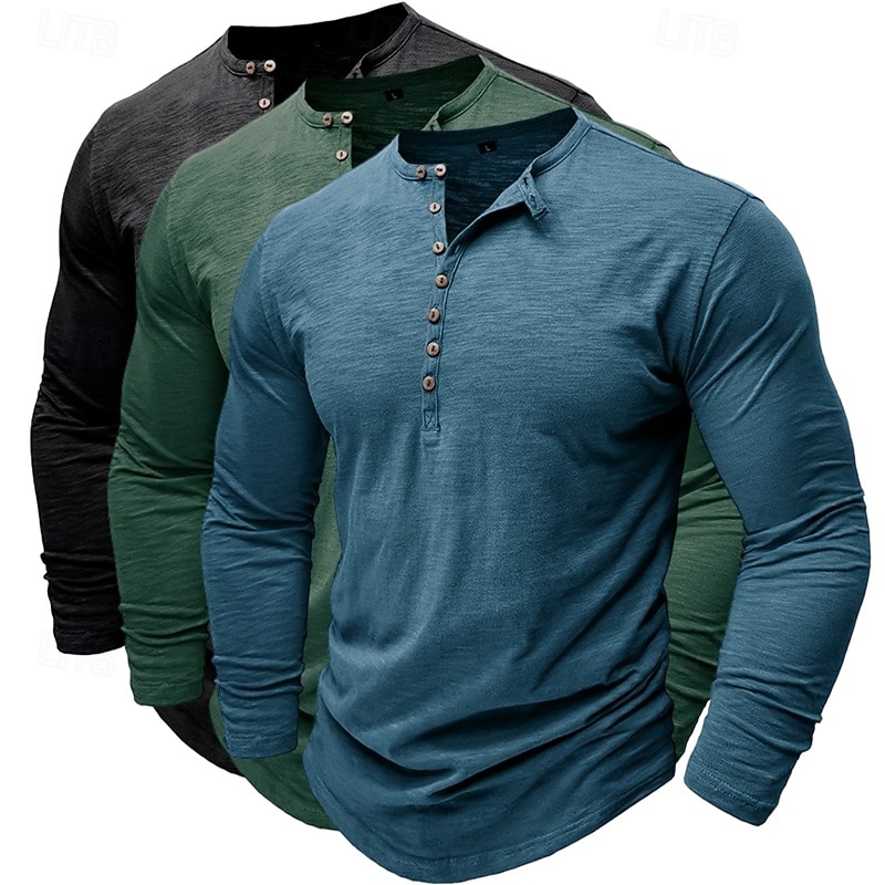 3er-Pack Henley-Shirts für Herren, langärmlig, einfarbig, modisch, lässig, für Alltag und Freizeit, 3er-Pack, Henley-Shirts in Blau, Weiß und Schwarz, ideal für Sommer und Frühling, 2026 - $62.99 –P10