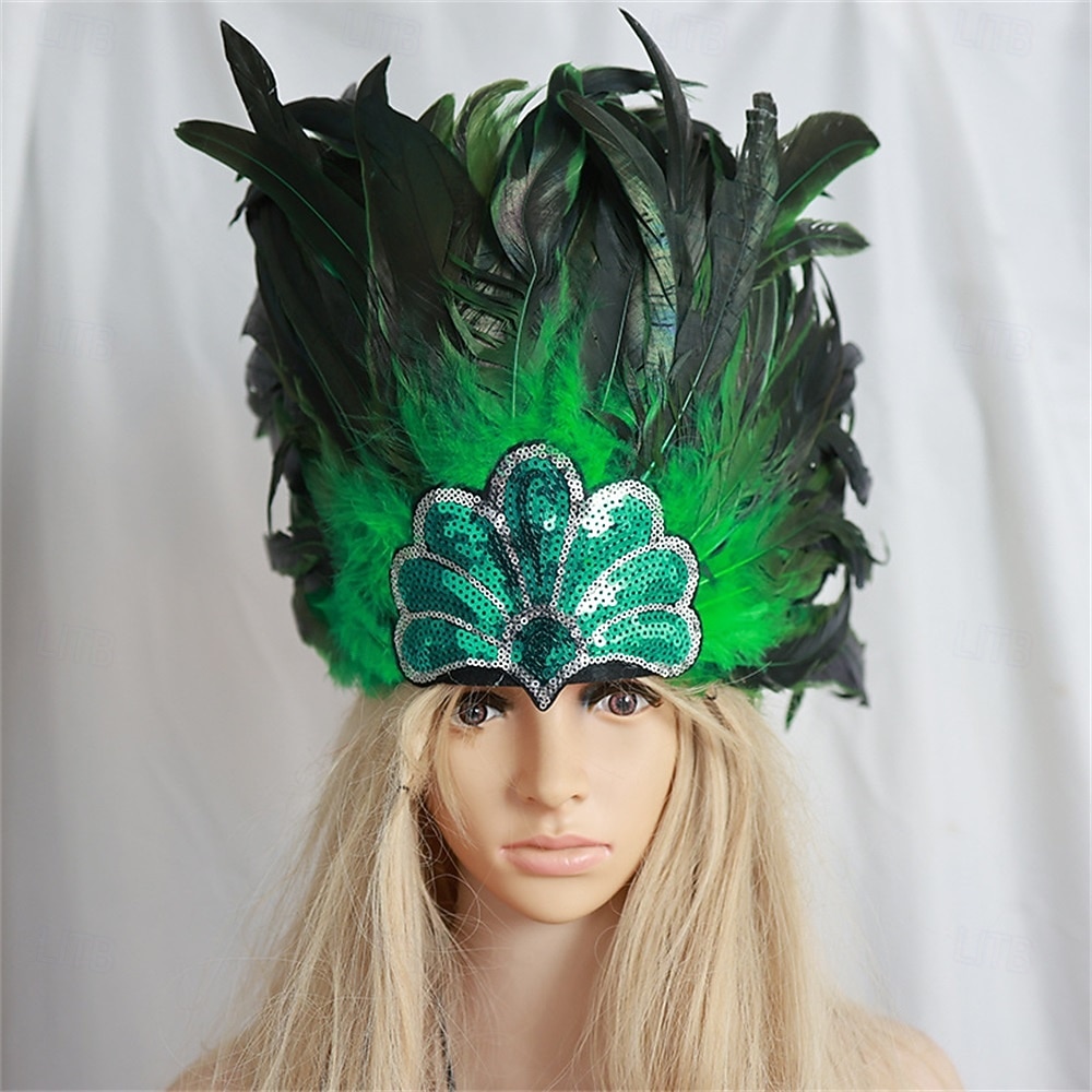 Carnaval 2026 Accesorios de Samba del Carnaval de Río Adorno de Plumas para Mujeres - Accesorio de Cabeza de Lentejuelas Azul y Verde Pavo Real - Disfraz de Festival de Brasil 2026 - $16.49 –P9