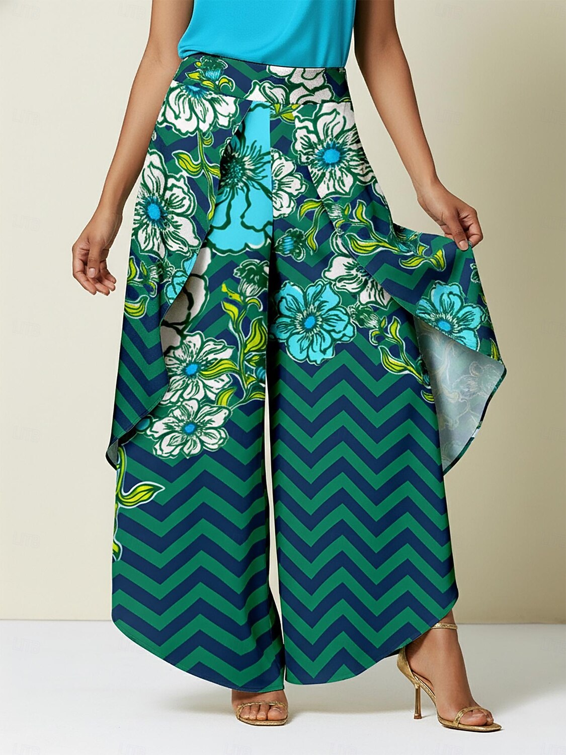 بنطلون واسع الساق من الساتان بطبعة زهور هندسية، مناسب للعطلات غير الرسمية 2025 - $82.99 –P5