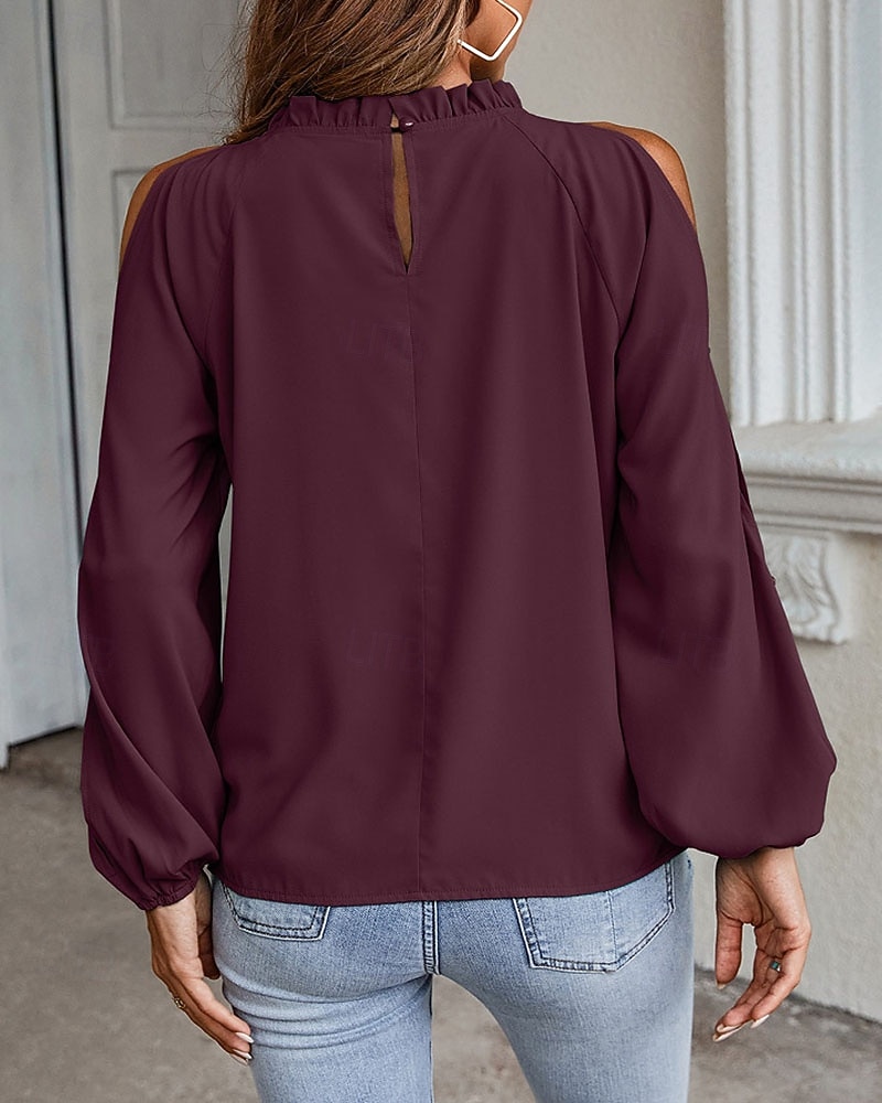 Жен. Блуза Рюши Оборки Полотняное плетение Элегантный стиль Винтаж Стиль Длинный рукав Вырез под горло Обычные топы Повседневные Праздники На выход Черный Винный Зеленый Осень Зима 2026 - $21.99 –P4