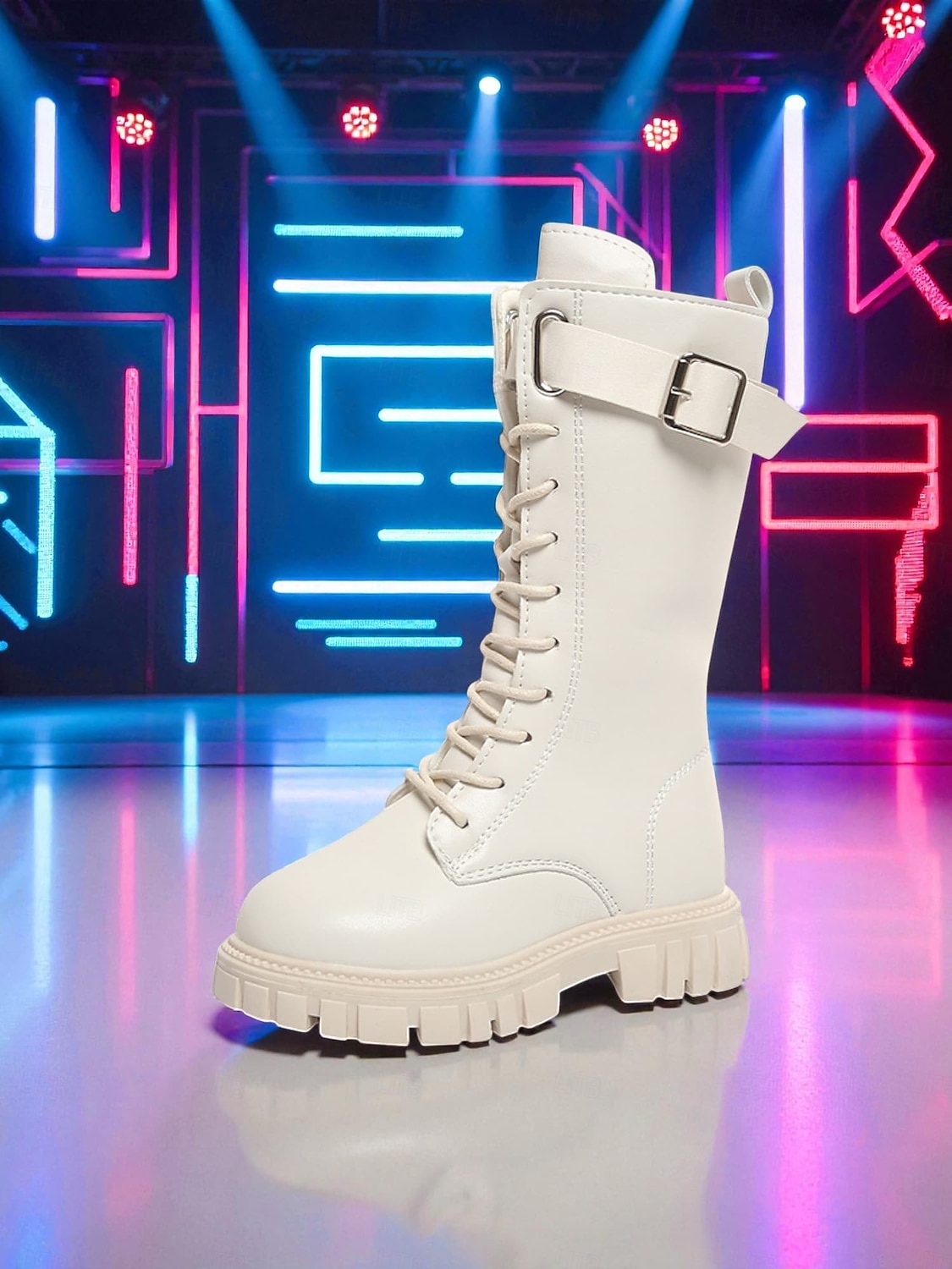 Buty dla dzieci w stylu koreańskiej gwiazdy popu inspirowane idolką - białe skórzane buty bojowe z paskiem na klamrę, idealne na występy, imprezy i do modnych stylizacji 2026 - $42.99 –P4