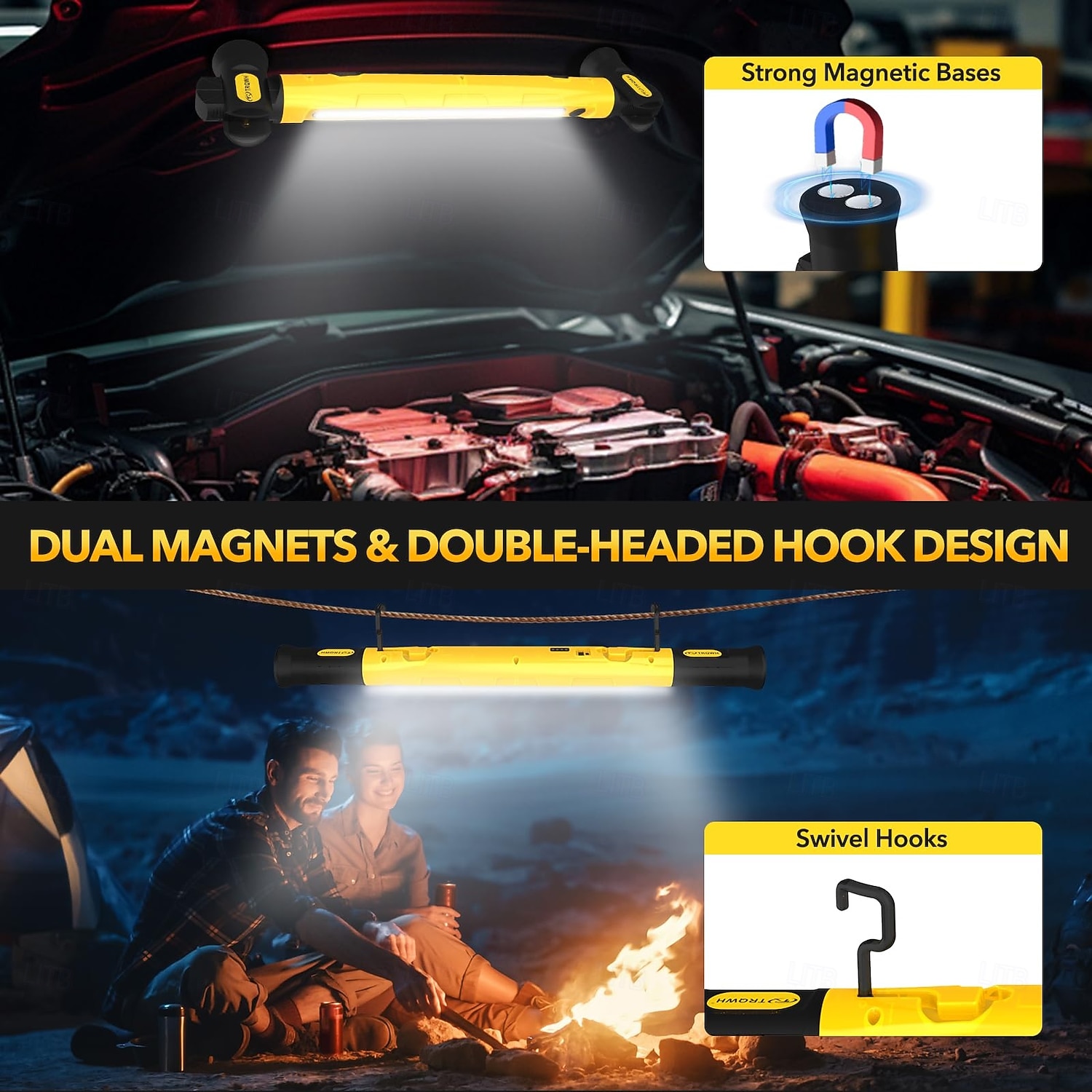 Pracovní světlo pro mechaniky pod kapotu s háčky - 3200lm 6000mah dobíjecí přenosné magnetické LED pracovní světlo pro opravu auta, garáž, dílnu, kempování, žluté 2026 - $69.99 –P3