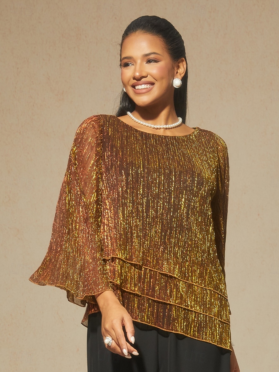 Dames Blouse Chiffon-topjes Kanten topjes Met ruches Schitteren Effen Kleur Elegant 3/4 mouw Strakke ronde hals Bruiloft gast Feestdagen Portofino Sinaasappel Zomer Lente Herfst 2026 - $59.99 –P1