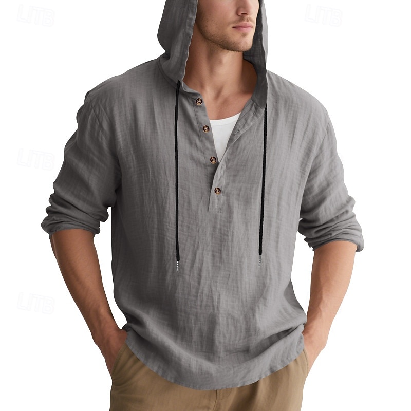 Men's Shirt Popover Shirt Summer Shirt Casual Shirt Beach Shirt Black White Yellow Navy Blue khaki Long Sleeve Solid Color Hooded Vacation Casual Drawstring Clothing Apparel Fashion Casual Comfortable 2026 - $28.99 –P36
