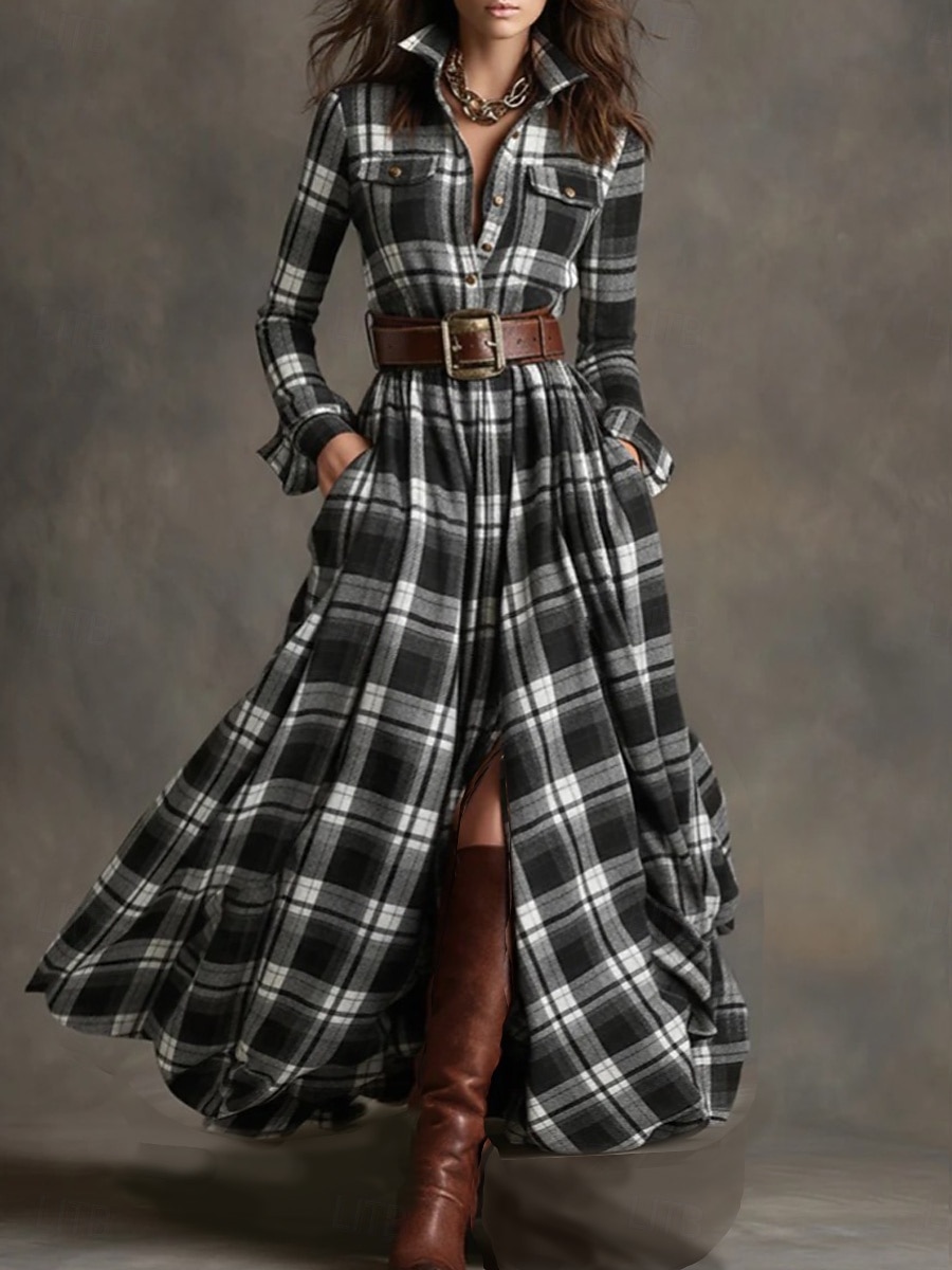 Dam Maxiklänning Skiftklänning Semester Ledigt Boho Dagligen Normal Rutig Långärmad Kavajslag Blå Mörkgul Mörkgrön Svart Vår Höst Vinter 2025 - $39.99 –P5