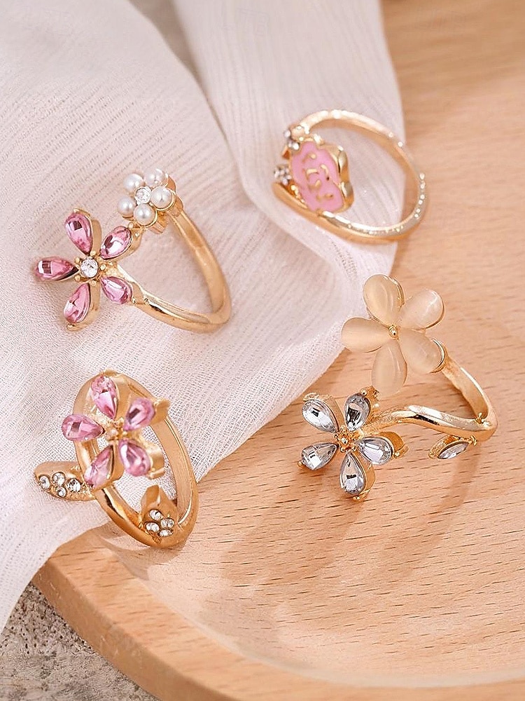 Sett med blomsterringer i legering til dame – elegant design med rosa og klare krystaller, perfekt for både uformelle og formelle anledninger 2026 - $4.99 –P3