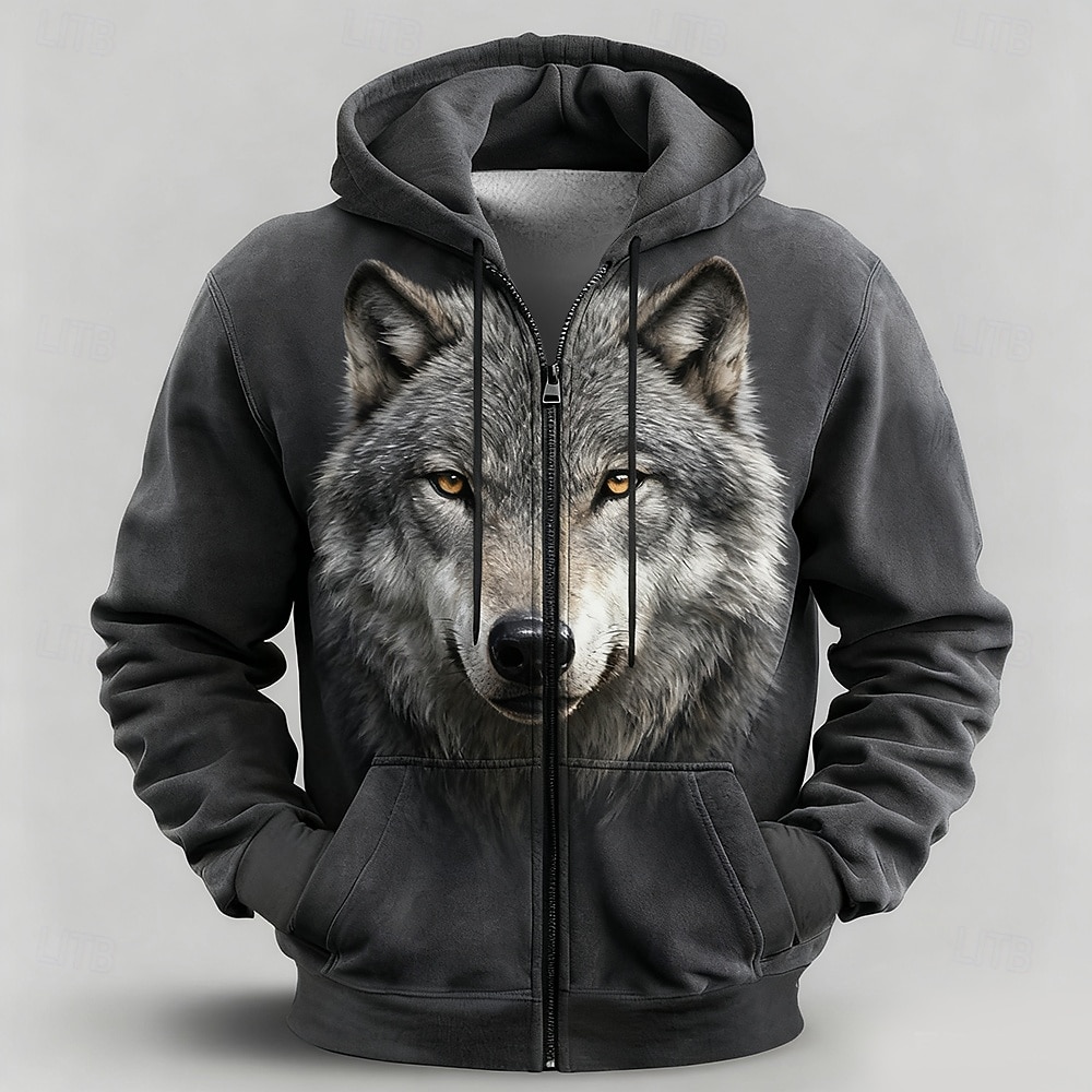 Herren Wolf 3D Kapuzensweatshirt Jacke Pullover Fantasie Allover-Druck Langarm Reißverschluss Streetwear Urlaub Ausgehen Schwarz Khaki Dunkelgray Reißverschluss Herbst Winter Designer S M L XL XXL 2026 - $30.99 –P2