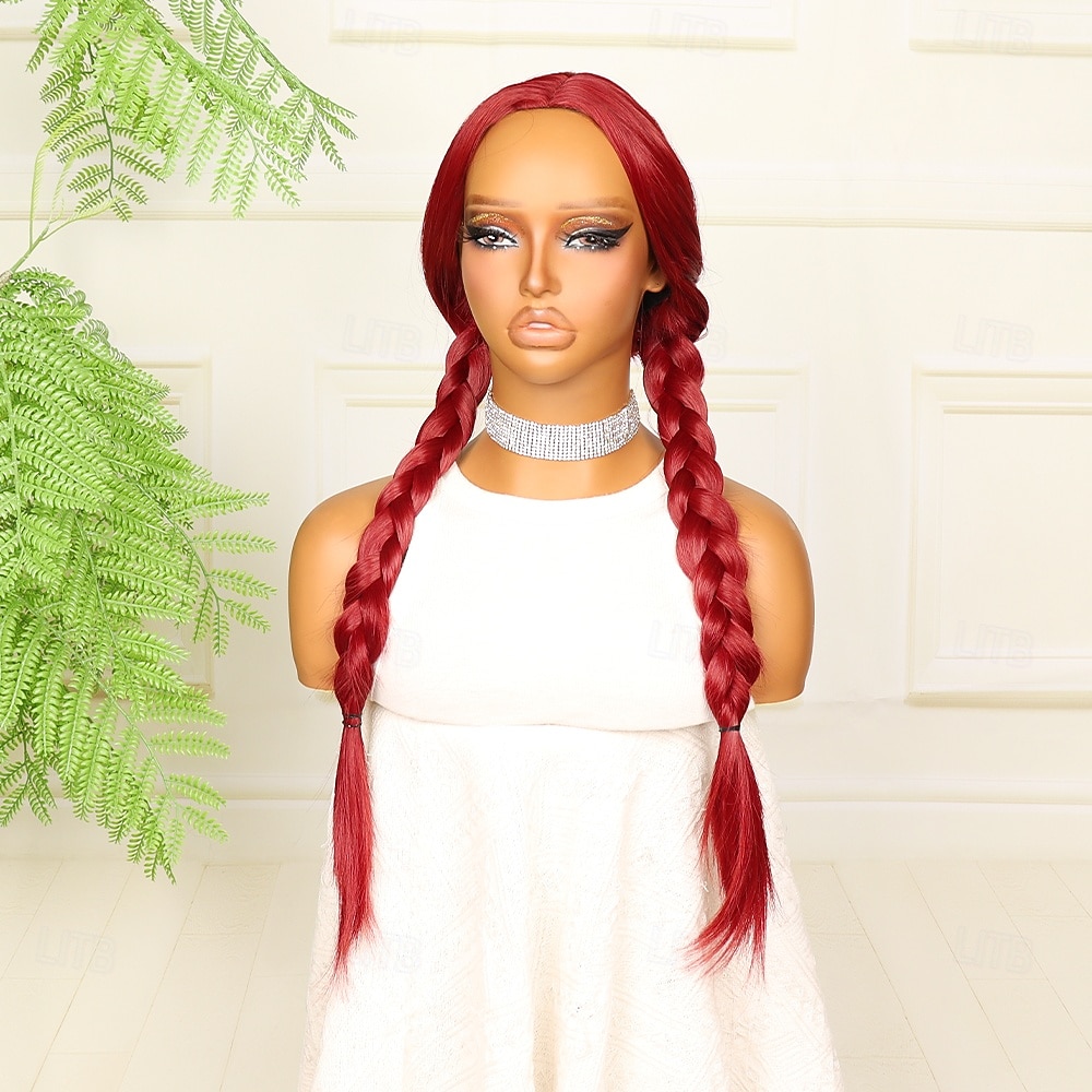Synthetic Wig Crochet Plaited Middle Part Braid Wig 24 inch Wine Red Synthetic Hair 24 inch Women's Soft Comfy Burgundy 2026 - $43.99 –P7