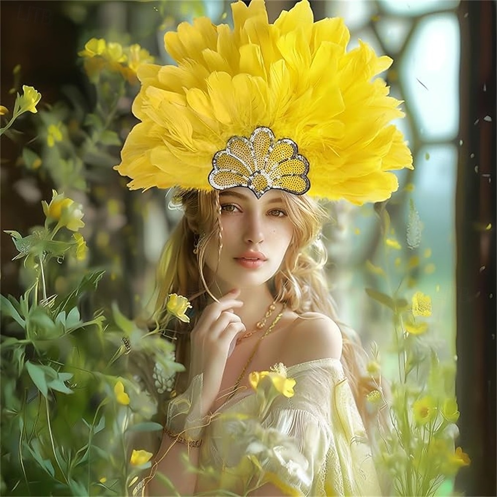 Karneval 2026 Rio Karneval Samba Accessoires Karneval Federkopfschmuck für Damen - Gelbes Pailletten Kostümkopfteil - Mardi Gras Festival Schau-Mädchen Haar Zubehör Brasilien Festival 2026 - $12.99 –P6