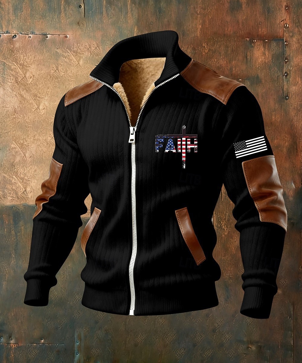 Homens Full Zip Hoodie Casaco de lã Moletom de lã Preto Branco Verde Tropa Azul Marinha Marron Colarinho Clerical Cruz Bandeira americana Fé Bolsos Detalhes em couro sintético Desportos e Ar livre de 2026 por $75.99 –P3