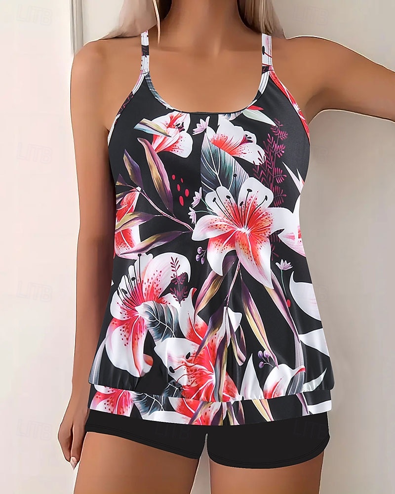 Damskie Stroje kąpielowe 2 szt Krótkie spodnie Kostium kąpielowy Odkryte plecy Urlop Stroje plażowe Kwiaty Dekolt w kształcie litery U Bez rękawów Kostiumy kąpielowe 2026 - $29.99 –P1